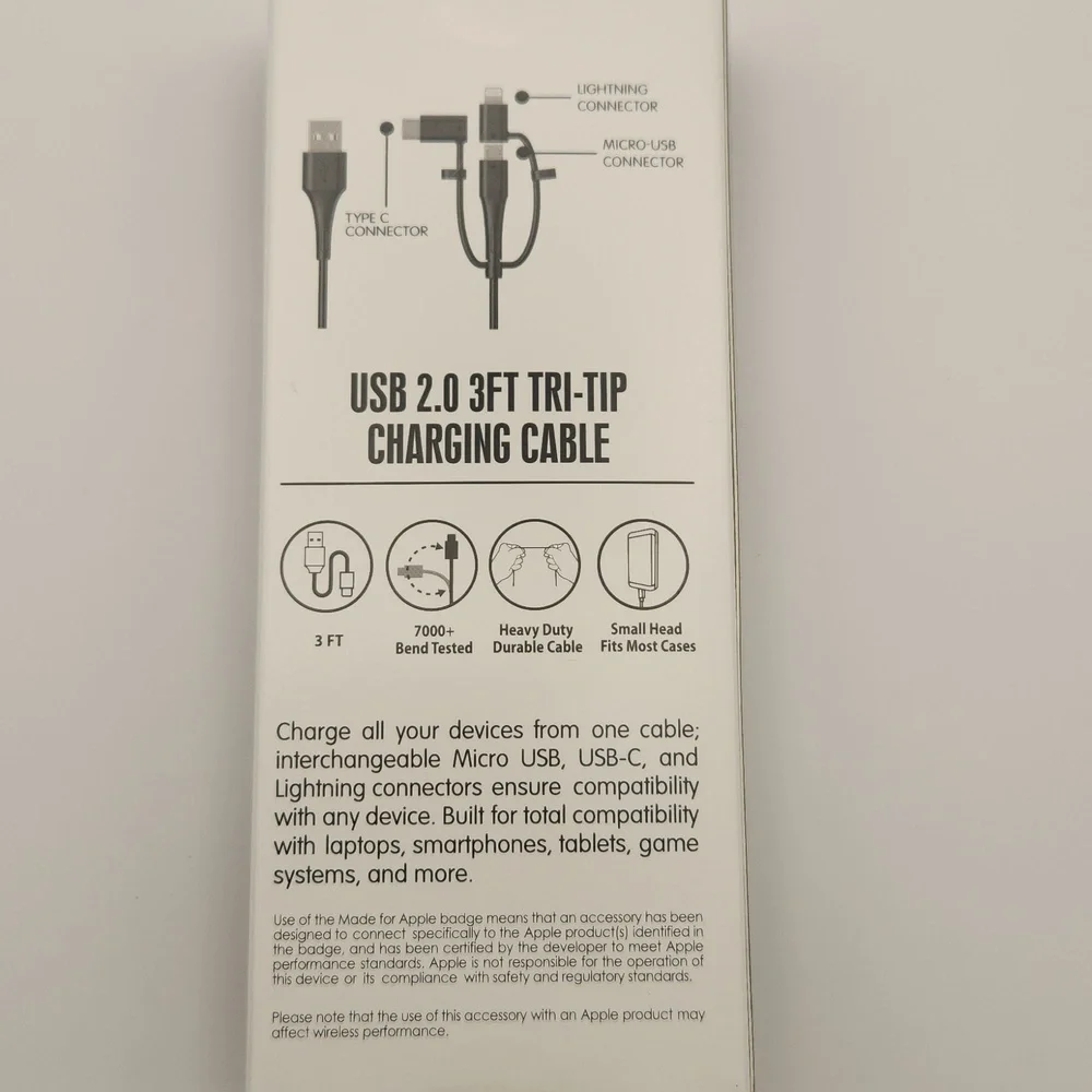 Universal Charge Cable USB 2.0 3FT Tri-Tip Charging Cable NWT